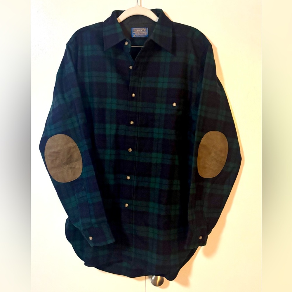 Vintage Pendleton Black Watch Tartan Wool Shirt Mens M Elbow Patches Made in USA